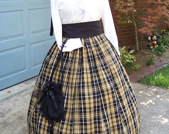 Dickens Civil War Ladies Long Skirt or Sash or Cape one size fit all Black, Golden Tan or khaki, and white plaid cotton homespun