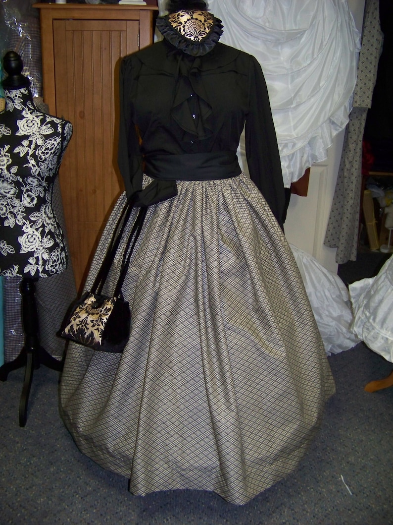 Civil War style ladies blouse Black cotton blend with ruffles in the front and around the neck