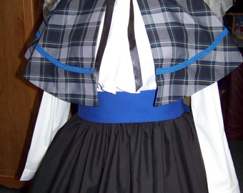 Civil War, Little Women, Dicken's Long black drawstring Skirt Royal Blue, Black, yellow and gray plaid cotton blend homespun cape with sash