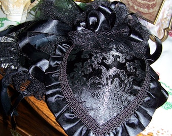 Ladies Civil War Teardrop Hat and Reticule,Victorian Ladies,Black Brocade with Black Satin ruffle and ribbons