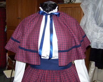 Dickens Christmas Skirt, Sash and Cape one size fit all Navy Blue, Red and yellow small plaid cotton with navy sash or solid navy skirt