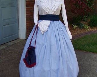 Colonial,Civil War,Victorian,costume Long drawstring SKIRT and sash one size fit all Blue and white plaid cotton,Handmade