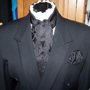 Ascot or Cravat black paisley brocade print 4&quot; x 51&quot; Mens Wedding, cravat tie with matching pocket puff
