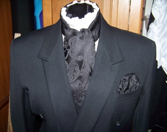 Ascot or Cravat black paisley brocade print 4" x 51" Mens Wedding, cravat tie with matching pocket puff