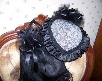 Western Ladies Victorian gray and Black Lacey Demask teardrop Hat with matching Black satin Reticule, Civil War,Costume