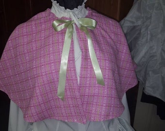 Ladies Civil War Cape pink small plaid cotton tweed blend with white Satin lining Handmade