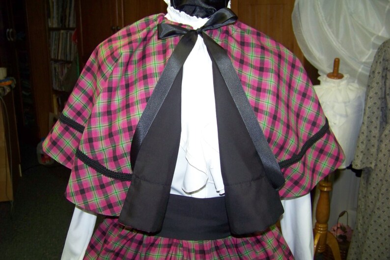 Dickens Civil War Ladies Long Skirt Sash and Cape one size fit all Pink Black Green plaid cotton homespun