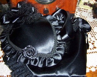 Steampuck Civil War Hat and Reticule,Victorian Ladies Hat,Black teardrop satin with Black Satin ruffle and Satin Rose costume