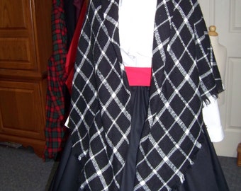 Christmas Caroler Victorian costume long drawstring Black SKIRT and red Sash one size fit most Shawl is black and white plaid.