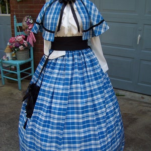 Civil War Skirt,Victorian,costume Long drawstring SKIRT and Sash or Cape Marine Blue and white Taffia plaid with black sash Handmade