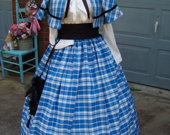 Civil War Skirt,Victorian,costume Long drawstring SKIRT and Sash or Cape Marine Blue and white Taffia plaid with black sash Handmade