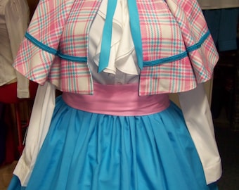 Civil War Victorian Outfit Long drawstring Teal Skirt and Wool teal, pink and white plaid cape with pink Sash and matching teal braid