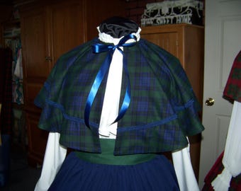 Dickens Christmas outfit long solid navy-blue cotton blend Drawstring skirt with navy blue an green plaid Flannel cape and green cotton sash