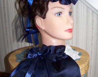 Civil War Hat or Reticule,Victorian Ladies Hat,Navy Blue teardrop satin with Navy Blue Satin ruffle and Ribbon rose