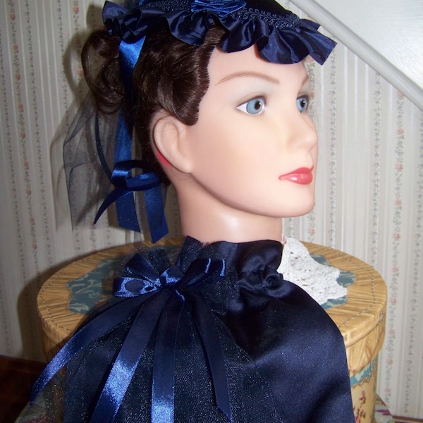 Civil War Hat or Reticule,Victorian Ladies Hat,Navy Blue teardrop satin with Navy Blue Satin ruffle and Ribbon rose