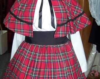 Dicken's Christmas Caroler outfit Red, black, green, blue and white plaid flannel one size fits most with matching Skirt and black sash