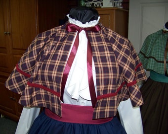 Dickens Christmas outfit long solid navy-blue Drawstring skirt with navy blue, burgundy and beige plaid homespun cape and burgundy sash