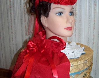 Civil War Hat and Reticule,Victorian Ladies Hat, Red  teardrop satin with Red ruffle and Satin Ribbon Rose Civil War reenacting Ballgown