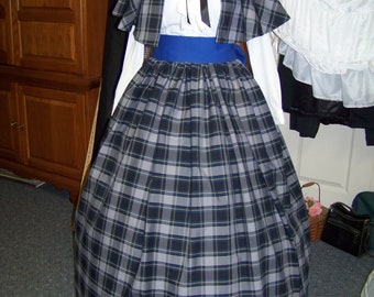 Dicken's Christmas Long Skirt one size fit all Royal Blue, Black, yellow and gray plaid cotton blend homespun or a sash or cape