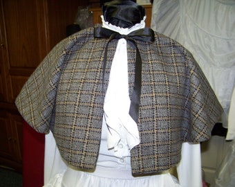 DickensColonial cape,Civil War cape,Victorian,costume Capelet only one size fit all Gray, Black and tan Wool blend cape Handmade