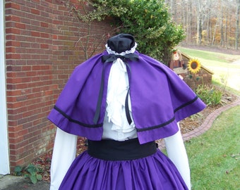 Civil War Victorian Outfit Long drawstring Skirt and cape Purple cotton with black Sash, matching braid one size fit all