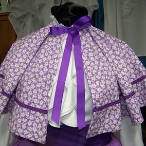Victorian Civil War Outfit Long drawstring Skirt Lavender with Daisy floral calico cape and purple braid and purple Sash one size fit most
