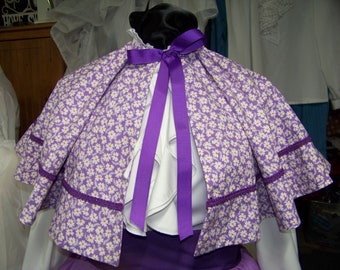 Victorian Civil War Outfit Long drawstring Skirt Lavender with Daisy floral calico cape and purple braid and purple Sash one size fit most