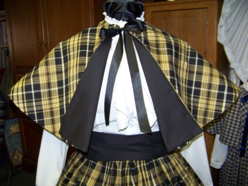 Golden Tan or khaki and white plaid cotton homespun Dickens Civil War Ladies Long Skirt or Sash or Cape one size fit all Black