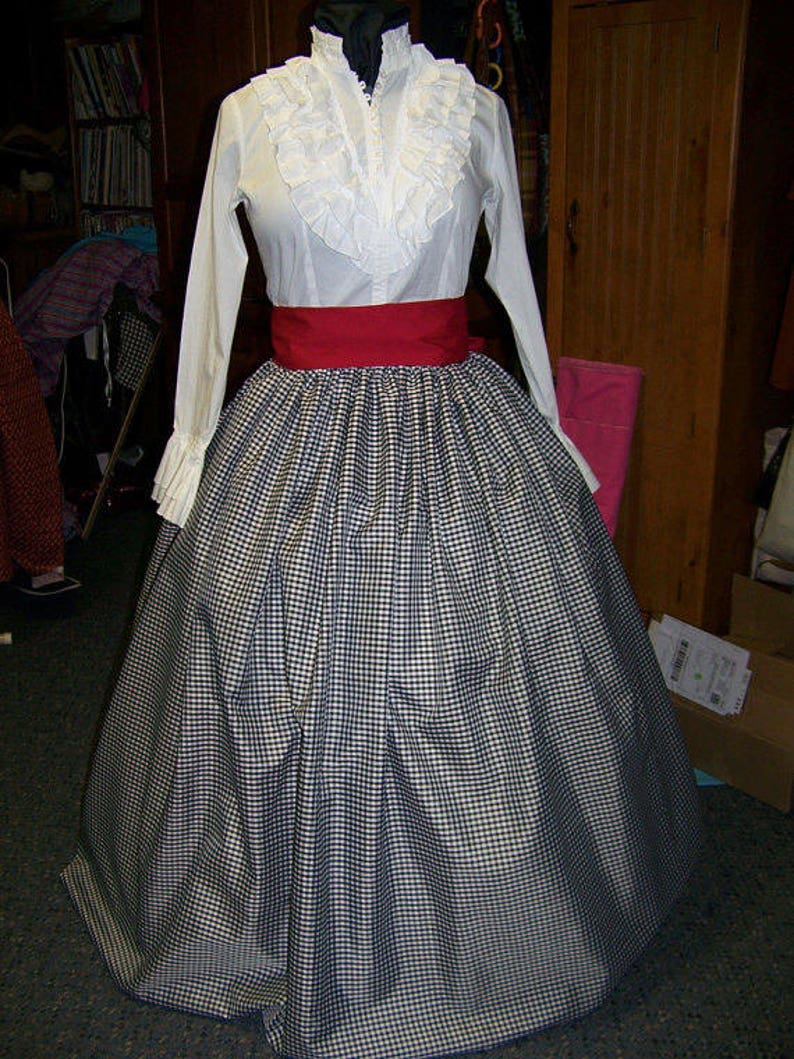 Civil War costume Long drawstring SKIRT sash and cape Child adult Plus sizes Black and white checked Taffeta black or Red Sash Colonial