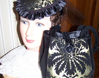 Shabby Chic Civil War Hat & Reticule for reenactors Victorian Ladies purse Gold or Green and Black Velvet