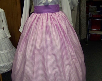 Civil War Child or Ladies Camp Dress,costume drawstring SKIRT one size fit all lavendar and white checked Taffeta, lavender Sash