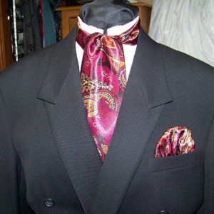 Ascot or Carvat Purple, Red, Gold, Black Paisley Silky print fabric 4&quot; x 56&quot; Mens Historial Bow Tie or Wedding, cravat tie