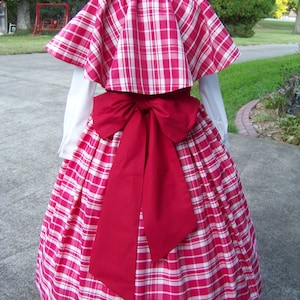 Civil War Skirt,Victorian,costume Long drawstring SKIRT and Sash or Cape Red and white Taffia plaid with Red sash Handmade