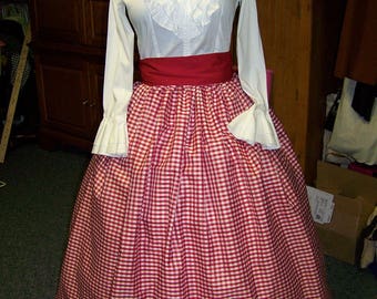 Civil War Child or Ladies Camp Dress,costume drawstring SKIRT one size fit all Red and white checked Taffeta, Black Sash or Red Sash