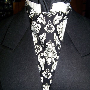 Ascot or Carvat White and Black Damask cotton print fabric 4&quot; x 45&quot; to 55&quot; Mens Historial Wedding, cravat tie or Pocket Square
