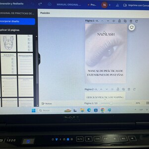 May include: A laptop screen displaying a digital document titled "MANUAL DE PRACTICAS DE EXTENSIONES DE PESTAÑAS" with the text "NAZALASH" at the top. The document is divided into pages, with the current page showing "Página 1/13".