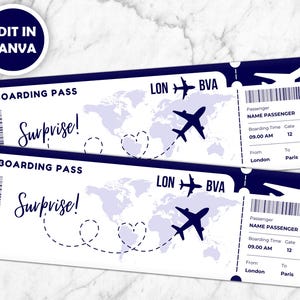 Bearbeitbare Bordkartenvorlage, druckbares personalisiertes Flugticket, Canva Bordkarte, digitaler Download, Reisegeschenkkarte.