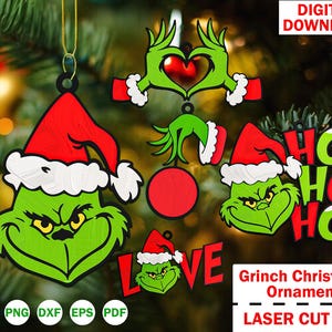 Enfeite Grinchmas, Enfeite Grinch Face Corte A Laser, Enfeite Grinch de Natal Corte A Laser Svg, Personagens Verdes de Natal Svg, Downloads Digitais