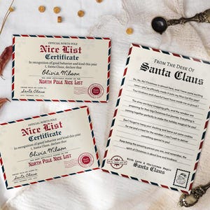 Carta de Papá Noel y certificado de lista de buenos para imprimir, certificado oficial de Papá Noel, plantilla para rellenar cajas de Nochebuena, carta de Papá Noel editable.