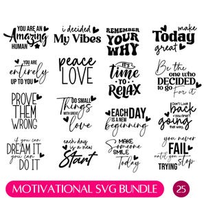 Pacchetto SVG con citazioni motivazionali, 25 design con vibrazioni positive per Cricut, sublimazione, bicchieri e magliette, fede, sei importante, file tagliati al laser.