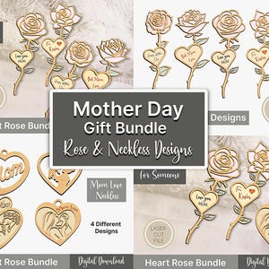 Lot cadeau fête des mères, rose et sans collier, cadeau prénom personnalisé pour mère, fichier découpé au laser, ornement coeur rose, téléchargement numérique.