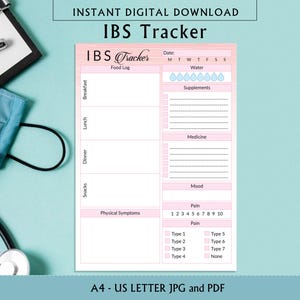 PDS-tracker afdrukbaar, A4-paginaplanner, prikkelbaredarmsyndroom-tracker, gezondheidstracker, darmgrafiek, gezondheidslogboek, pijngrafiek, digitale bestanden