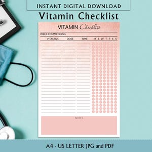 Rastreador semanal de vitaminas para impressão, lista de verificação de suplementos, lembrete diário de ingestão de vitaminas, planejador de condicionamento físico e saúde, revisão semanal, arquivo digital