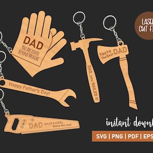 Lot de porte-clés Svg, boîte à outils papa Svg, porte-clés en forme d'outil Svg, fête des pères, fichier pour bois, outils pour papa Glowforge, fichier découpé au laser