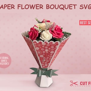 3D Paper Flower Bouquet SVG, Rolled Roses Bouquet Vase Gift Box SVG, Valentines Day, Mothers Day, Instant Download Cut Files Cricut Template