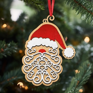 Ornement de père Noël tourbillonnant SVG, fichier de coupe père Noël, ornement en bois au laser, père Noël SVG Cricut, père Noël en couches SVG, SVG étiquette de bas.