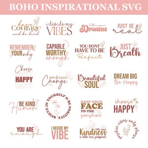 Boho citations motivantes Png Svg, lot, citations inspirantes, autocollants imprimables, affirmations positives, amour de soi Svg, chemise tendance Svg.