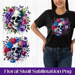 Sublimación de calavera floral, diseño de calavera PNG, clipart floral, flores, gráficos de polilla, fondo transparente, diseño de clipart, descarga digital