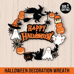 Gruseliger Türkranz, Halloween-Dekoration Kranz SVG, Kürbis, Geist-Spinnennetz, Herbstkranz SVG, Süßes oder Saures Laser Cut-Dateien.