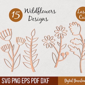 Paquete de flores silvestres SVG, adorno de flores SVG, ramo de contorno de hojas de flores, archivo cortado con láser, silueta Glowforge, Cricut, regalo para ella.